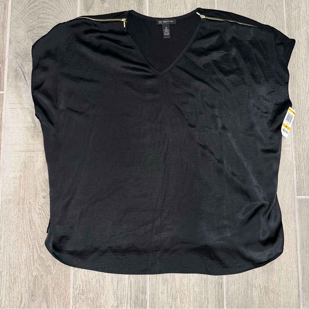 Black V-Neck Blouse with Gold Shoulder Zips